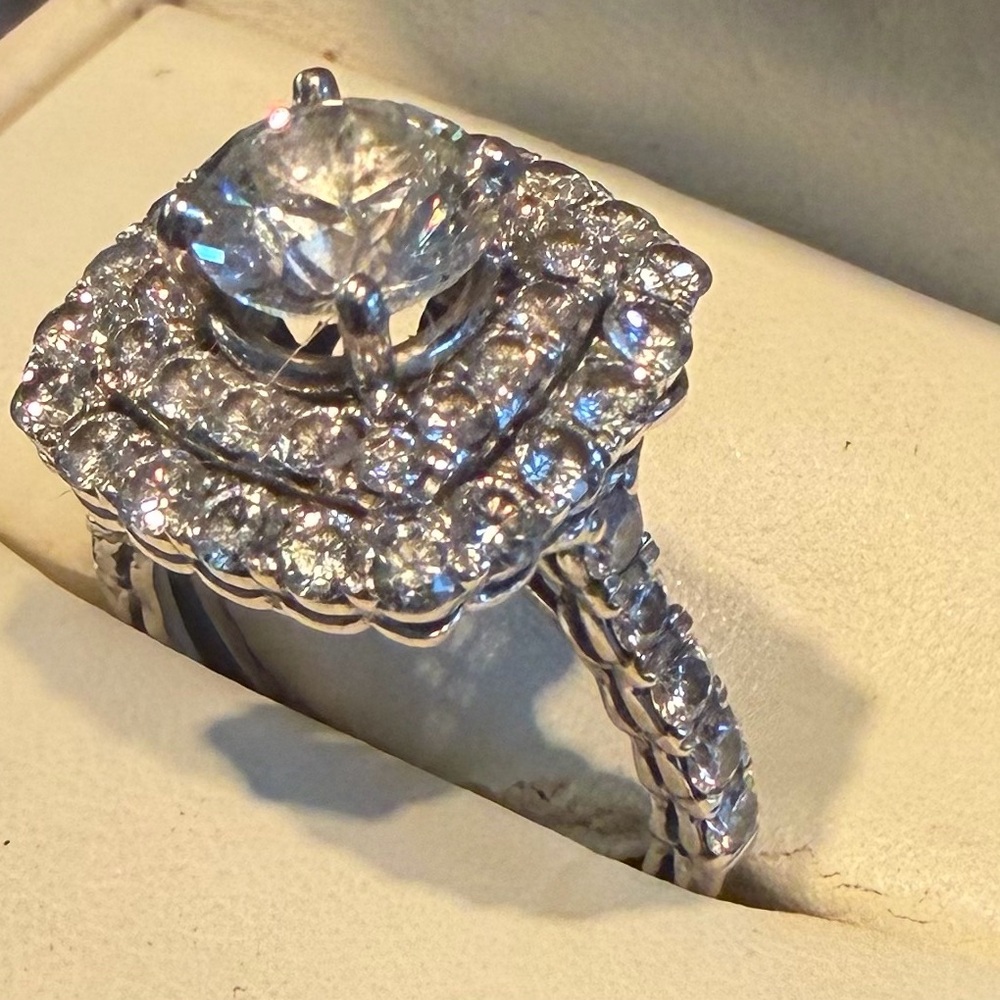 Silver-Tone Halo Engagement Ring with Clear Stones - Women's Jewelry